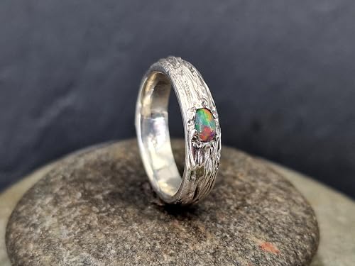 LeoLars-PABE Lightning Ridge Multicolor Opal Ring, Gr. 56 (18), aus 925er Silber im Wurzeldesign, Opal mit intensiven Farben, 5x3mm, Unikat, Handarbeit