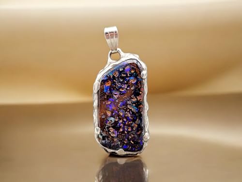 LeoLars-PABE Boulder Opal Anhänger, tolles wildes Muster, mit grün, blau-lila Opalfeuer, organisches Design, aus 925er Silber, Unikat, Handarbeit, Anhängermaße: 32,5mm x 16,6mm x 5,4mm