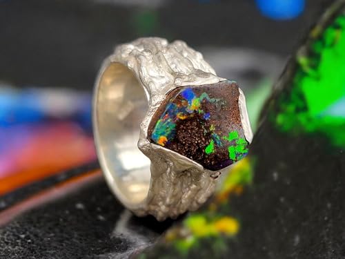 LeoLars-PABE Boulder Opal Design Ring aus 925er Silber, Gr. 57 (18,2), Opal Multicolor Opalfeuer, 12,9 x 10,5mm, Organisch fließendes gewachsenes Design, Unikat, Handarbeit