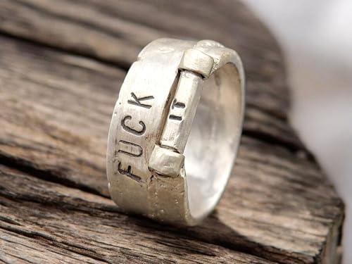 LeoLars-PABE Sprüche Design Sandguss Ring mit Stift zum drehen für den passenden Spruch, aus 925er Silber, Größe 60/61 (19,2), Unikat, Handarbeit, Unisex