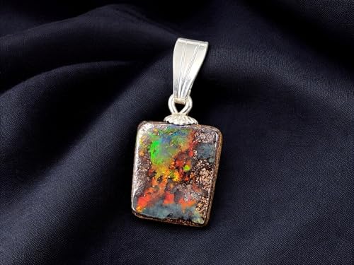 LeoLars-PABE Boulder Opal Anhänger mit 925er Silber Stiftöse, großflächiges Hologramm Effekt mit Opalfeuer von grün über gelb bis rot, Anhängergröße: 15,5mm x 9,7mm x 3,5mm, Unikat, Handgeschliffen