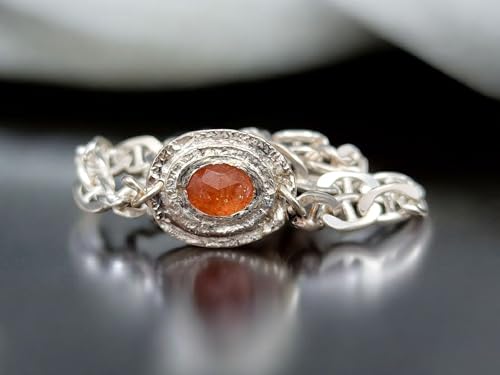 LeoLars-PABE Sonnenstein Design Armband aus 925er Silber, Sonnenstein im Rosenschliff mit Zargenfassung, Panzerarmband 20cm lang, Unikat, Handarbeit