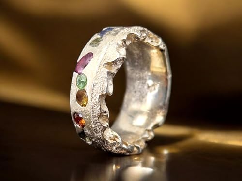LeoLars-PABE Sandguss Design Chaos Ring im halbseitig zerstörtem Design aus 925er Silber mit echten eingegossenen Edelsteinen, Gr.55/56 (17,8), Nr.149, Unikat, Handarbeit