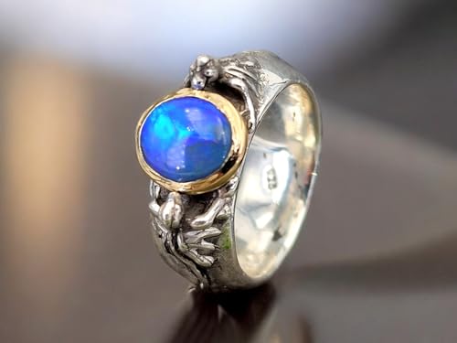 LeoLars-PABE Lightning Ridge Black Opal Drachen Ring Größe. 61 (19,2) aus 925er Silber mit 585er Gelbgold Fassung von 2 Drachen, Opal grün-blaues Opalfeuer, Unikat, Handarbeit
