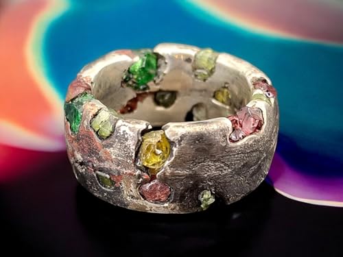 LeoLars-PABE Sandguss Chaos Design Ring, Gr. 57 (18,2) aus geschwärztem 925er Silber, verschiedene echte eingegossene Rohedelstein Kristalle, Nr.148, Unikat, Handarbeit