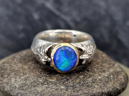 LeoLars-PABE Lightning Ridge Black Opal Drachen Ring Größe. 61 (19,2) aus 925er Silber mit 585er Gelbgold Fassung von 2 Drachen, Opal grün-blaues Opalfeuer, Unikat, Handarbeit