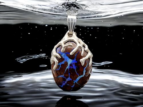 LeoLars-PABE Beideitiger Tribal Design Anhänger mit Boulder Opal aus 925er Silber, Opal mit Opalblitzen in kräftig blau, Unikat, Handarbeit Anhängermaße: 27mm x 18,2mm x 9mm