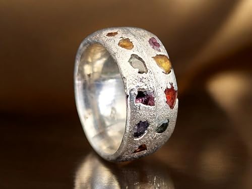 Design Sandguss Chaos Ring aus 925er Silber mit echten größeren eingegossenen verschieden farbigen Saphiren, Sandguss typische Oberflächen Struktur, Nr.138, Unikat, Handarbeit, Größe 54 (17,2)