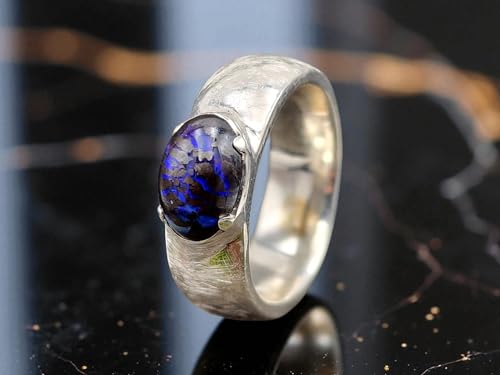 LeoLars-PABE Boulder Matrix Opal Design Ring, Unisex, Gr.66 (21), aus 925er Silber, eismattiert, Opal mit Opaladern mit dunkelblauem Opalfeuer, Unikat, Handarbeit