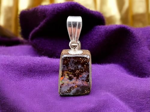 Picture Stone Boulder Opal Anhänger mit 925er Silber Stiftöse, kleines Universum mit Opalfeuer Pinfire in grau, orange, gelb und rot, Anhängermaße: 16mm x 9,6mm x 6,6mm, Unikat, Handgeschliffen