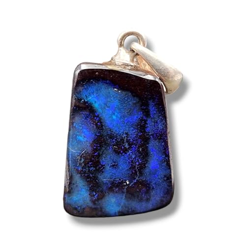 LeoLars-PABE Boulder Opal Anhänger mit 925er Silber Stiftöse, Opal fast schwarz mit blauem Galaxie Opalfeuer, Maße: 15,5mm x11,2mm x4,2mm, Unikat, Handgeschliffen