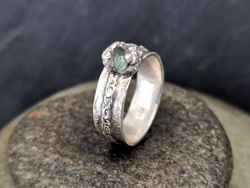 LeoLars-PABE Türkisfarbener Turmalin Design Ring, Gr. 57 (18,3), aus 925er Silber, Turmalin Navette facettiert, organisch geteilte Zargenfassung, verziert, Unikat, Handarbeit