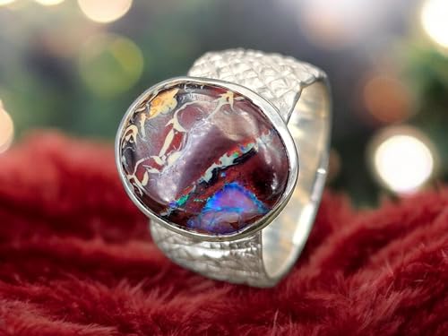 LeoLars-PABE 925er Silber Design Ring mit Boulder Opal, Opal mit tollem Muster und partiell blauem Opalfeuer, wilde Oberflächen Struktur, massiv, Ringgröße: 59 (18,7), Unikat, Handarbeit