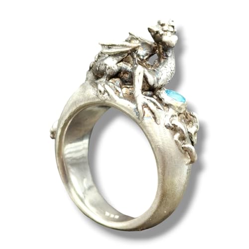 LeoLars-PABE Drachen Ring, aus 925er Silber mit einem Blautopas, Drachenwächter, Drachenschatz, Größe 57 (18,5), teilgeschwärzt, Unikat, Handarbeit