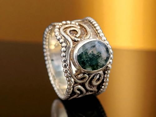 LeoLars-PABE Verspielter breiter Moosachat Design Ring Gr. 62 (19,7), aus 925er Silber, verschnörkelt, Moosachat, facettiert mit schönem Innenleben, Nr. 0100, Unikat, Handarbeit