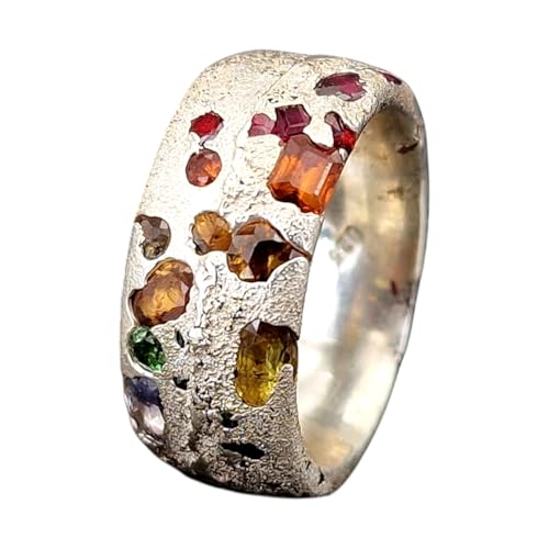 LeoLars-PABE Bunter Sandguss Chaos Design Ring, Nr.132, Größe 53(17), aus 925er Silber mit echten eingegossenen Saphiren, massiv, Sandguss Oberflächen Struktur, Handarbeit, Unikat