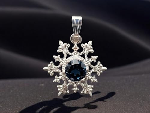 LeoLars-PABE Schneeflöckchen Design Anhänger aus 925er Silber, rund facettiertem London Blue Topas, Unikat, Handarbeit, Anhängermaße: 24,2mm x 21,1mm x 6,9mm