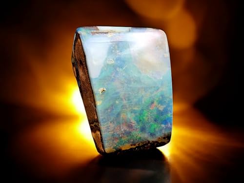 Boulder Opal Anhänger gebohrt mit 60cm Lederband, Opal - helle bis klare Opalschicht mit Multicolor Opalfeuer, 19,2 x 13,4 x 10,4mm, Unikat, Handgeschliffen