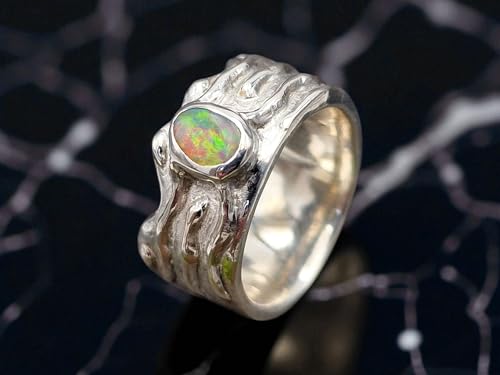 LeoLars-PABE Lightning Ridge Opal Design Ring, Gr. 54 (17,3), aus 925er Silber, Wellen Design, Multicolor Opalfeuer Semi Chrystal Opal, Unikat, Handarbeit