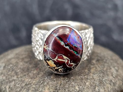 LeoLars-PABE 925er Silber Design Ring mit Boulder Opal, Opal mit tollem Muster und partiell blauem Opalfeuer, wilde Oberflächen Struktur, massiv, Ringgröße: 59 (18,7), Unikat, Handarbeit
