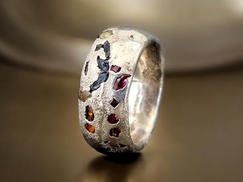 LeoLars-PABE Sandguss Design Chaos Ring, Größe 60 aus 925er Silber mit eingegossenen verschieden farbigen Saphiren, massiv, Nr.131, Unikat, Handarbeit