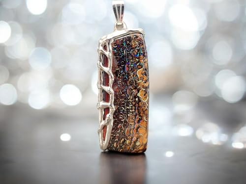 LeoLars-PABE Beidseitiger Boulder Opal Design Anhänger, Käfigfassung aus 925er Silber, tolles Muster mit grün-blauen Opaladern, Unikat, Handgschliffen, Anhängermaße: 44,7mm x 17,2mm x 7,3mm