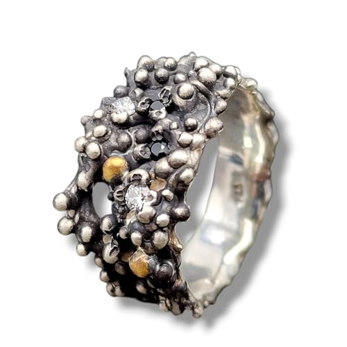 LeoLars-PABE Diamant und Spinell Design Ring aus 925er Silber mit Feingold Nuggets, zwei weiße Diamanten, 3 schwarze Spilelle, Bubble Design, Größe: 63 (20), Unisex, Unikat, Handarbeit