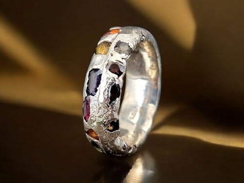 Design Sandguss Chaos Ring aus 925er Silber, mit echten eingegossenen Saphiren in verschiedenen Farben und Formen, Gr. 56 (18), typische Sandguss Oberflächen Struktur, Nr.144, Unikat, Handarbeit