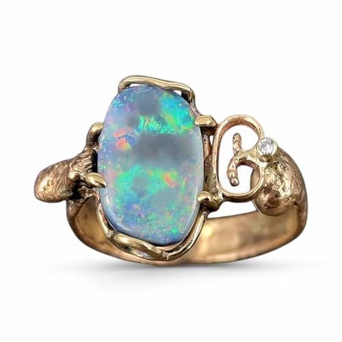 LeoLars-PABE Dark based Lightning Ridge Opal Design Ring, Gr.60 (19,2) aus 585er Gelbgold mit Diamant als Akzentstein, hochwertiger Multicolor Opal, Unikat, Handarbeit
