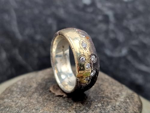 LeoLars-PABE Diamant Sandguss Bicolor Design Ring, aus 925er Silber und 585er Gelbgold, 7 echte Diamanten, teilgeschwärzt, Größe 56 (18), Unikat, Handarbeit