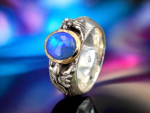 LeoLars-PABE Lightning Ridge Black Opal Drachen Ring Größe. 61 (19,2) aus 925er Silber mit 585er Gelbgold Fassung von 2 Drachen, Opal grün-blaues Opalfeuer, Unikat, Handarbeit
