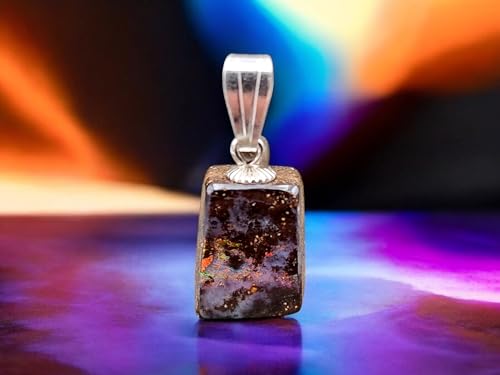 Picture Stone Boulder Opal Anhänger mit 925er Silber Stiftöse, kleines Universum mit Opalfeuer Pinfire in grau, orange, gelb und rot, Anhängermaße: 16mm x 9,6mm x 6,6mm, Unikat, Handgeschliffen