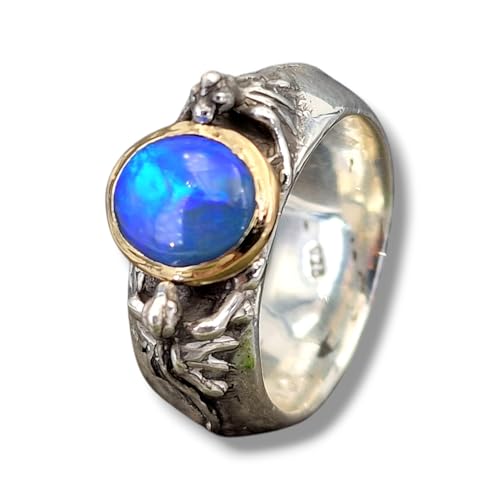 LeoLars-PABE Lightning Ridge Black Opal Drachen Ring Größe. 61 (19,2) aus 925er Silber mit 585er Gelbgold Fassung von 2 Drachen, Opal grün-blaues Opalfeuer, Unikat, Handarbeit