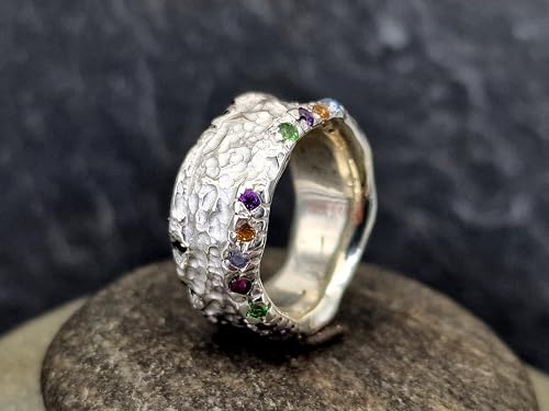 LeoLars-PABE bunter Saphir Design Ring aus massivem 925er Silber, angeschmolzene Oberflächen Struktur, Größe 57 (18,2), Unikat, Handarbeit