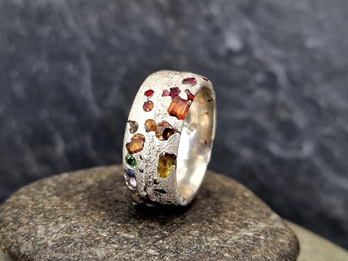 LeoLars-PABE Bunter Sandguss Chaos Design Ring, Nr.132, Größe 53(17), aus 925er Silber mit echten eingegossenen Saphiren, massiv, Sandguss Oberflächen Struktur, Handarbeit, Unikat