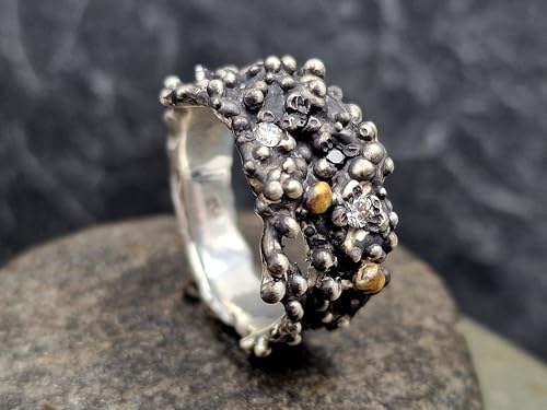 LeoLars-PABE Diamant und Spinell Design Ring aus 925er Silber mit Feingold Nuggets, zwei weiße Diamanten, 3 schwarze Spilelle, Bubble Design, Größe: 63 (20), Unisex, Unikat, Handarbeit