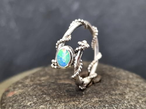 LeoLars-PABE Verspielter, zarter Lightning Ridge Opal Design Ring aus 925er Silber, Gr. 52 (16,7), kräftiges Opalfeuer in blau und grün, Unikat, Handarbeit