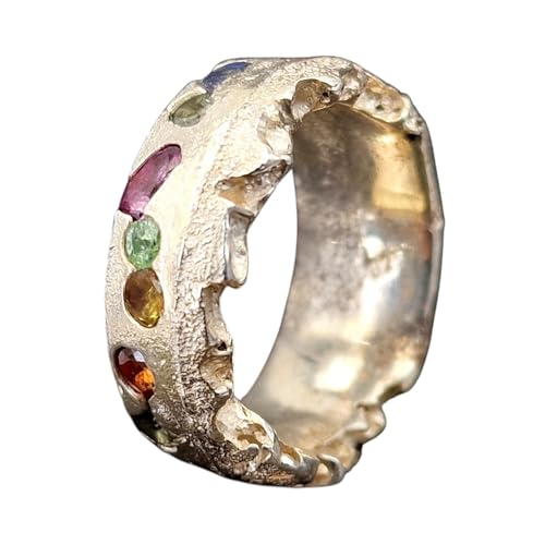 LeoLars-PABE Sandguss Design Chaos Ring im halbseitig zerstörtem Design aus 925er Silber mit echten eingegossenen Edelsteinen, Gr.55/56 (17,8), Nr.149, Unikat, Handarbeit