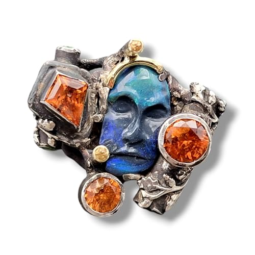 LeoLars-PABE Außergewöhnlicher Opal Edelstein Design Ring aus 925er Silber Größe 56 (18) mit schwarzem gecarvten Opal als Maske, mit verschiedenen Edelsteinen, Unikat, Handarbeit