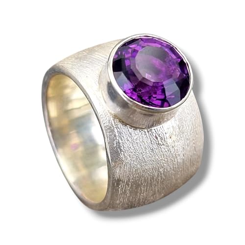 LeoLars-PABE Sehr massiver Amethyst Design Ring aus 925er Silber, fein schraffierte Oberflächen Struktur, Größe: 58-59 (18,7), Handarbeit, Unikat