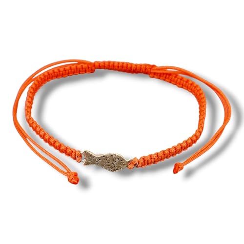 LeoLars-PABE Neon Orange Makramee Armband mit geprägtem Schlickfisch aus 925er Silber, Umfang zwischen 16-24cm, Unikat, Handarbeit