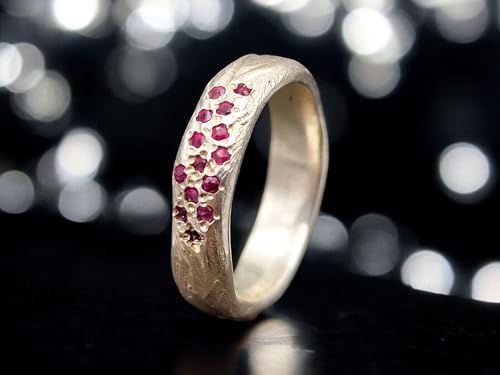 LeoLars-PABE Rubin Design Ring in Rindenoptik aus 925er Silber Gr. 56 (18) mit14 eingeriebenen Rubinen, Unikat, Handarbeit