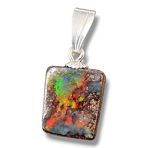 LeoLars-PABE Boulder Opal Anhänger mit 925er Silber Stiftöse, großflächiges Hologramm Effekt mit Opalfeuer von grün über gelb bis rot, Anhängergröße: 15,5mm x 9,7mm x 3,5mm, Unikat, Handgeschliffen
