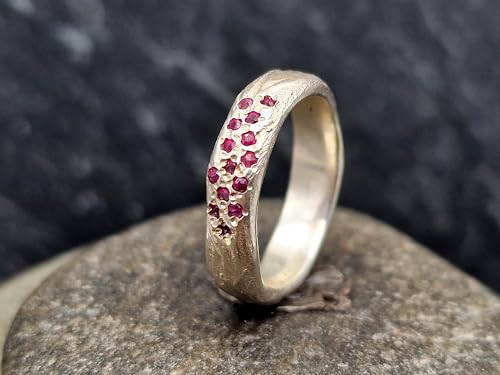 LeoLars-PABE Rubin Design Ring in Rindenoptik aus 925er Silber Gr. 56 (18) mit14 eingeriebenen Rubinen, Unikat, Handarbeit