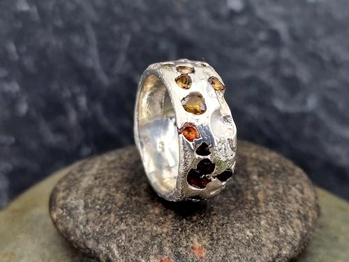 LeoLars-PABE Sandguss Chaos Blubber Design Ring aus 925er Silber, Größe 61 (19,5), mit echten verschieden farbigen eingegossenen Saphiren, Sandguss Struktur, Nr.139, Unikat, Handarbeit, Unisex