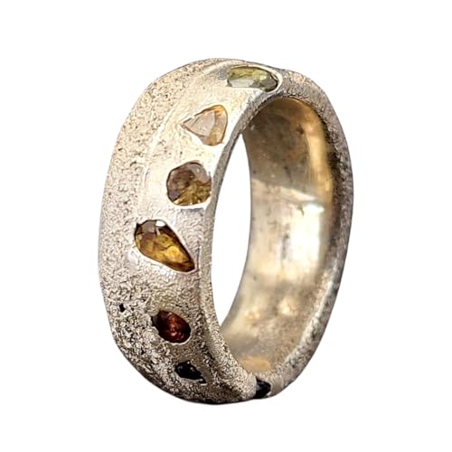 LeoLars-PABE Design Chaos Sandguss Ring, Gr. 53 (17), aus 925er Silber mit echten eingegossenen Saphiren mit Farbverlauf, Sandguss typische Oberfläche, Nr. 151, Unikat, Handarbeit