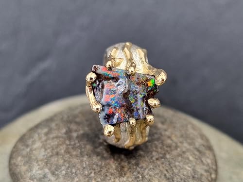 LeoLars-PABE Organischer Boulder Opal Ring, Gr. 57 (18,2), Bicolor, Ring eismattiert 925er Silber, Fassung 585er Gelbgold, Opal Multicolor ca. 12,5x12,5mm, Unikat, Handarbeit