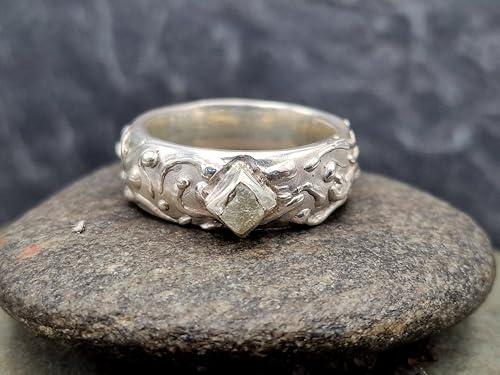 LeoLars-PABE Verspielt verschnörkelter Rohdiamant Würfel Design Ring aus 925er Silber, silber-grauer Rohdiamant, Größe 61/62 (19,6), Unikat, Handarbeit