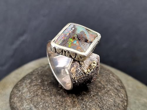 LeoLars-PABE Multicolor Boulder Opal Ring, Gr.60-61 (19,2), Antikes Design, teilgeschwärzt, Goldelement, Opal 18x14,8mm, Unikat, Handarbeit