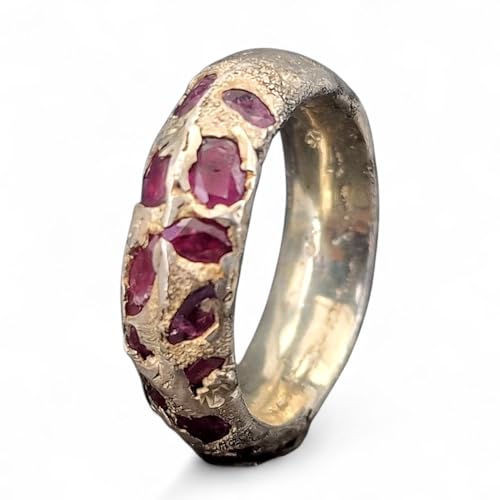 LeoLars-PABE Chaos Sandguss Design Ring, Gr.57 (18,3), Nr. 154, aus 925er Silber mit echten eingegossenen Rubinen, Sandguss typische Oberflächen Struktur, Unikat, Handarbeit